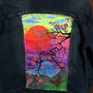 plum blossoms glow +fluorescent jean jacket size S